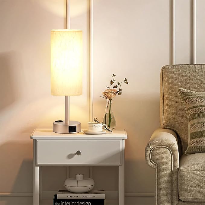 Antique White Bedside Table Lamp, Dimmable Touch Lamp, USB A+C, AC Outlet