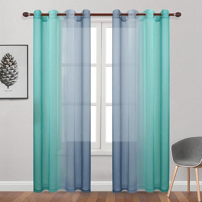 DWCN Ombre Sheer Curtains - Faux Linen Semi Voile Grommet Top Gradient Curtains for Bedroom and Living Room, Set of 2 Window Curtain Panels, 52 x 84 Inch Length（Denim Blue and Teal