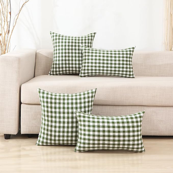 Spring Sage Green Gingham Plaid Farmhouse Throw Pillow Cover 16x16 Set of 2 | Set of 2 Spring Summer Outdoor Pillow Covers 16 x 16, Woven Textured Fabric, Vintage Cottage Core Decor, Green Throw Pillows