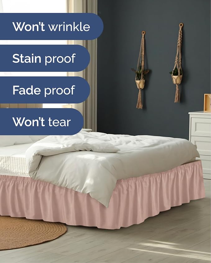 Wrap Around Dust Ruffle Bed Skirt - College Dorm Room - Twin/Twin XL | Mauve, 12 Inch Drop, Elastic Strap & Adjustable Pleated Bedskirt, Wrinkle & Fade Free, for Women, Men, Students, Kids & Teens