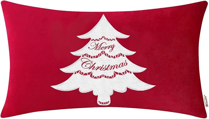 BRAWARM Christmas Pillow Cover 12 X 20 Inches, Christmas Red Christmas Tree Embroidered Lumbar Pillow Cover, Soft Velvet Decorative Throw Pillow for Couch Bed Sofa Living Room Home