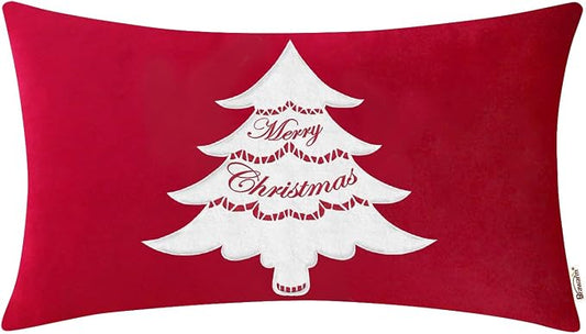 BRAWARM Christmas Pillow Cover 12 X 20 Inches, Christmas Red Christmas Tree Embroidered Lumbar Pillow Cover, Soft Velvet Decorative Throw Pillow for Couch Bed Sofa Living Room Home