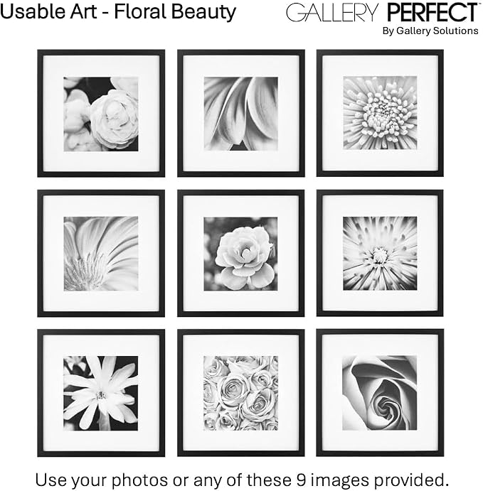 Gallery Perfect 12x12 Picture Frames, 9 Piece Set with Real Glass Cover for 8x8 Photos With Mat, Picture Frames Collage Wall Decor for Gallery Wall, Home Decor, Black