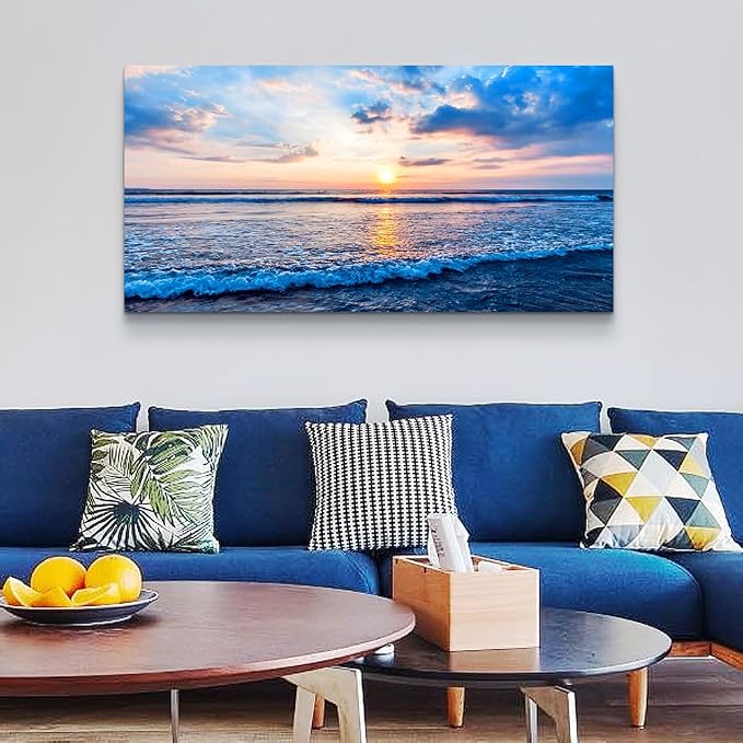 Wapluam Canvas Wall Art For Living Room Office Wall Decor Blue Beach Ocean Sea Waves Landscape Wall Painting Ready To Hang Bedroom Home Decorations Canvas Prints Posters Pictures Wall Mural Artwork