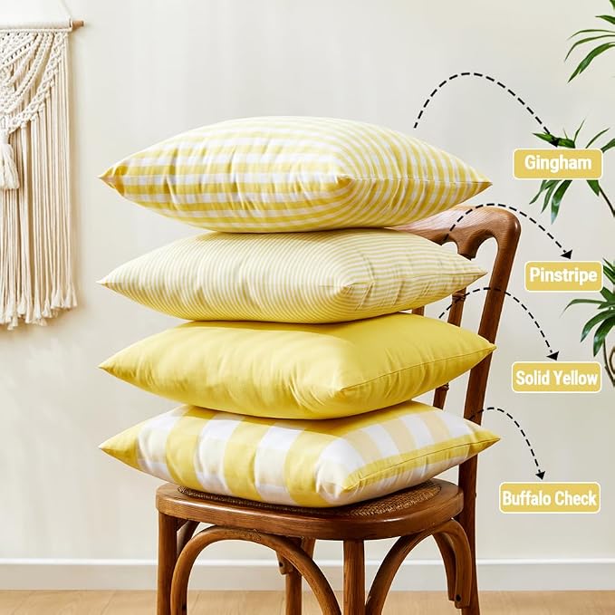 Light Yellow Buffalo Check Summer Plaid Throw Pillow Covers 18x18 Set of 4 | Summer Decorative Pillow Covers 18 x 18 Set of 4, Yellow Room Decor Pillows for Couch Bed,Striped Gingham Buffalo Check Plaid