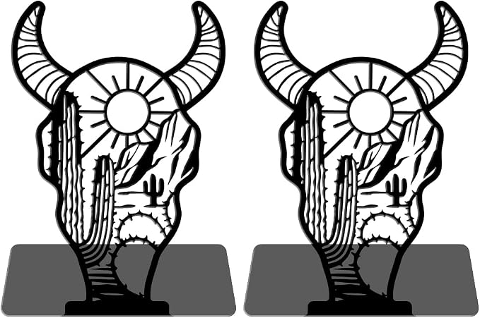 WADORN 1 Pair West Cow Skull Metal Decorative Bookend for Shelves, Heavy Duty Book Ends Modern Non-Skid Books Holder Stand Black Book Support Stoppers for Desk Bookshelf Office Home, 5.3x4.3x7.9 Inch