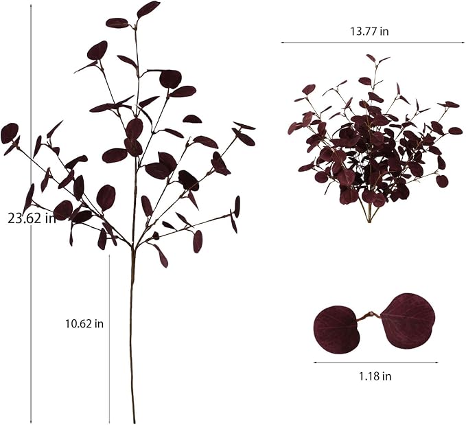 4PCS 24" Burgundy Metallic Fake Eucalyptus Stems Artificial Eucalyptus Leaves for Fall Leaves Thanksgiving Decor, Christmas Living Room Vase Decor