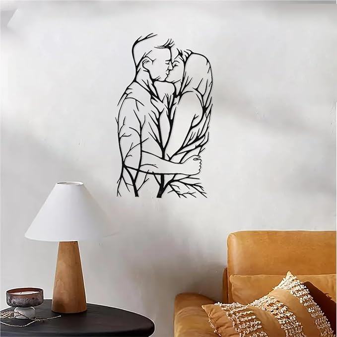 DUOOLN Metal Couple Wall Art, Life Tree Decorations Lovers Bedroom Decor. | Kissing Silhouettes Pictures|Minimalist Romantic Sculpture |Home Office Headboard Bathroom Ornaments|Black 43x25cm