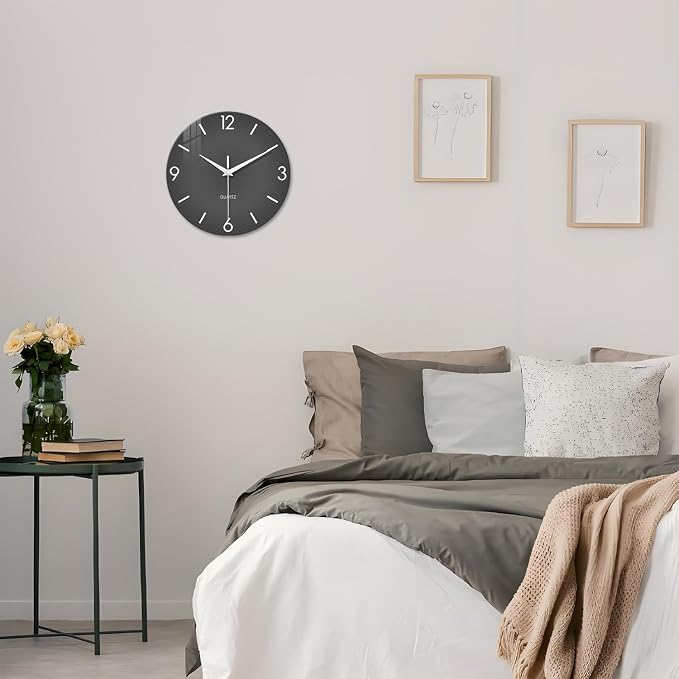 XFM Modern Grey Wall Clock 12 Inch Simple Minimalist | Battery Operated Gray Glass Quartz Clock Decorative for Bedroom Kitchen Living Room Home Office Silent Non Ticking