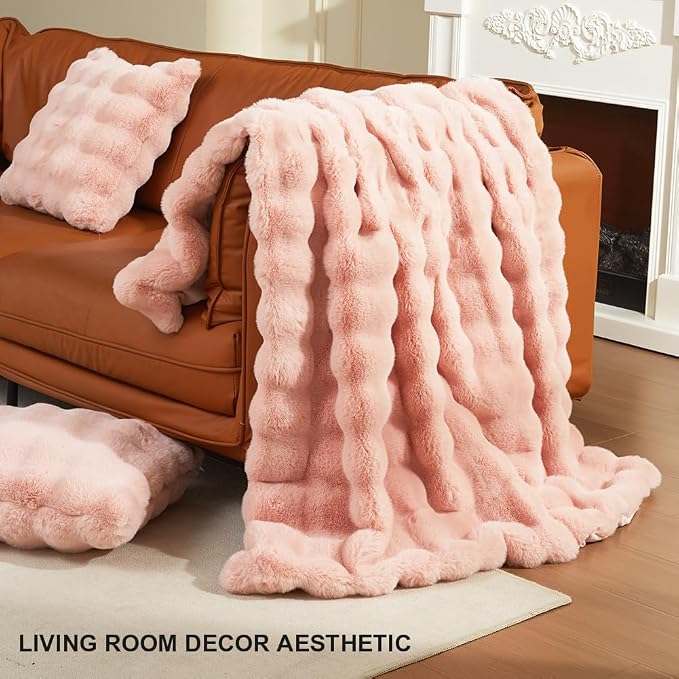 Soft Faux Rabbit Fur Throw Blanket Luxury Super Comfy Double Sided Ultra Cozy Thick Warm Fluffy Blanket for Couch Chair Sofa Bed Living Room Camping, Plush Fuzzy Bubble Blanket, 970 GSM, 50''x60''