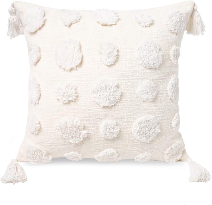 PLWORLD Boho White Pillow Cover 20x20, Tufted Chenille Cushion Case with Pom Poms & Tassels, 1PC Cover Only, No Insert