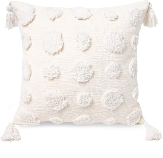 PLWORLD Boho White Pillow Cover 20x20, Tufted Chenille Cushion Case with Pom Poms & Tassels, 1PC Cover Only, No Insert
