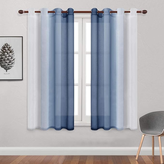 DWCN Blue Faux Linen Ombre Sheer Curtains - Gradient Semi Voile Curtains for Bedroom and Living Room, Set of 2 Grommet Top Window Curtain Panels, 52 x 72 Inches Long, Denim Blue