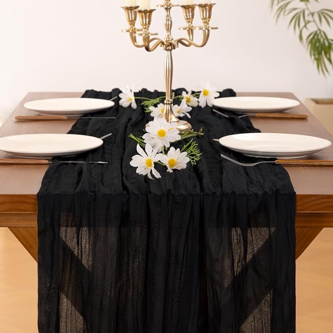 Black Table Runner Halloween Fall Cheesecloth Wedding Birthday Party Decor | Black 10pcs Rustic Gauze 10FT Cheese Cloth Sheer Farmhouse Dining Runner for Baby Shower Bridal Holiday Decorations