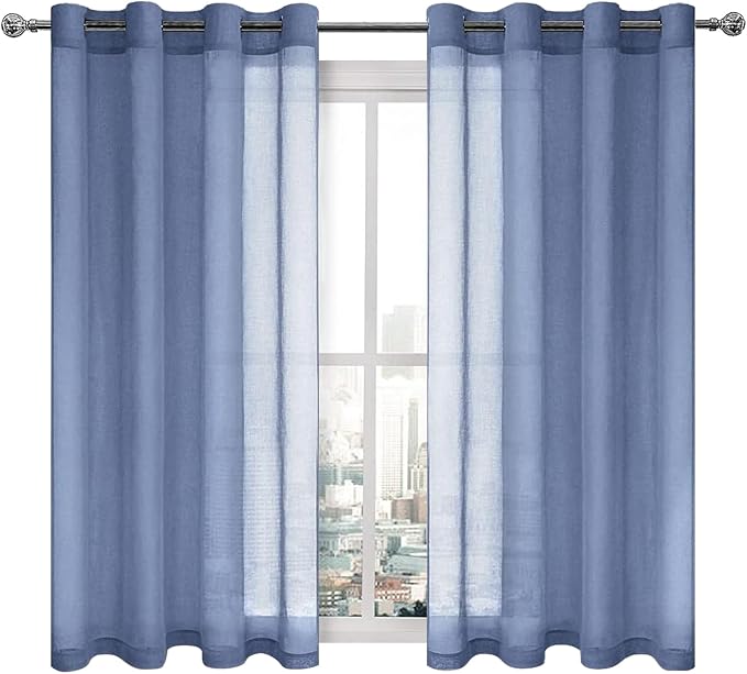DWCN Sheer Curtains for Living Room Bedroom - Faux Linen Look Voile Drapes Grommet Top Window Curtain Panel 52 x 54 Inches Long, Dusty Blue, Set of 2 Panels
