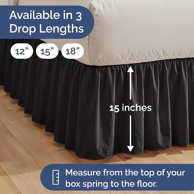 Bedskirt Twin Size Ruffle - Ruffled Bed Skirt - 12 Inch Drop - Black | Bedskirt with Platform, Ultra-Soft Premium Hotel Quality, Wrinkle Free, Fade & Shrink Resistant, for Women, Men, Kids & Teens