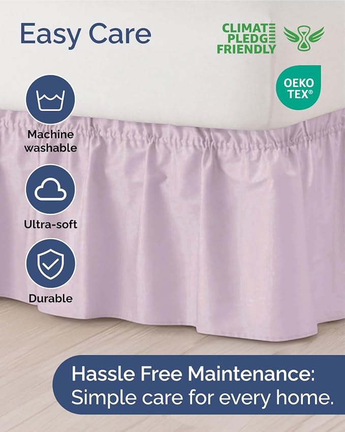 Wrap Around Dust Ruffle Bed Skirt - Light Lavender - for Twin Size Beds w/ 21 Inch Drop - Easy Fit Elastic Strap - Adjustable Pleated Bedskirt Brushed Fabric - Wrinkle Free - Women, Men, Kids & Teens