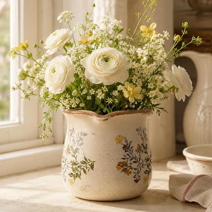 Xiaan Jiaju Ceramic Flower Vase, Rustic Farmhouse Vases & Planting Pots with Drainage, European Home Decor for Mantel Fireplace Bookshelf Wedding Centerpieces Gift, Yellow Blooms