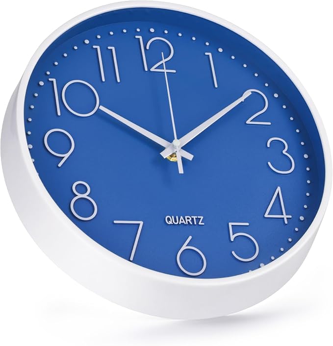 Wall Clock Non-Ticking Silent Modern Simple Style Round Decor Clock Stereoscopic Dial Quartz Wall Clocks for Home/Office/School/Living Room/Bedroom/Kitchen (Dark Blue, 8inch)