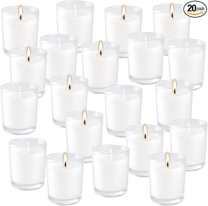 20 Pack Unscented White Clear Glass Filled Votive Candles | Soy Wax, Smokeless, Hand Poured Wax Candles Ideal for Aromatherapy, Spa, Weddings, Birthdays, Holidays & Party Decor