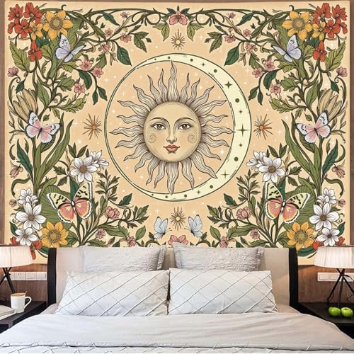 Accnicc Boho Sun and Moon Tapestry Vintage Floral Wall Tapestry for Bedroom Aesthetic Beige Celestial Plant Flower Butterfly Large Tapestries Wall Hanging for Living Room Dorm 80 x 60 Inch