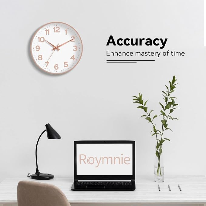 Roymnie 12 Inch Wall Clock Battery Operated Silent Non Ticking Analog | White Rose Gold modern analog; large 3D easy-read dial for kitchen, office, bathroom & bedroom; 1 AA battery (not included)