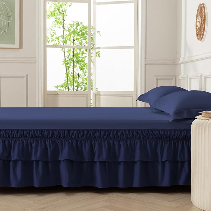Double-Layered Ruffled Bed Skirt,Navy,Twin/Twin XL, 14" Drop | Wrap Around, Adjustable Elastic, 2 Layer, Machine Washable Soft Fabric, Multi Ruffle Bedskirt