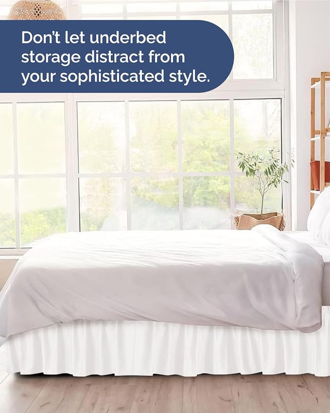 Wrap Around Dust Ruffle Bed Skirt, Queen Size - 15 Inch Drop, Antique White | Easy Fit Elastic Strap, Adjustable Pleated Bedskirt w/Brushed Fabric, Wrinkle & Fade Free, for Women, Men, Kids & Teens