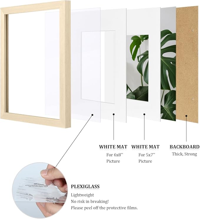 Egofine A4 Picture Frames Set of 4, Made of Solid Wood Covered by Plexiglass 5x7 and 6x8 with Mat or A4 without Mat, for Table Top Display and Wall Mounting Photo Frame Oak Wood