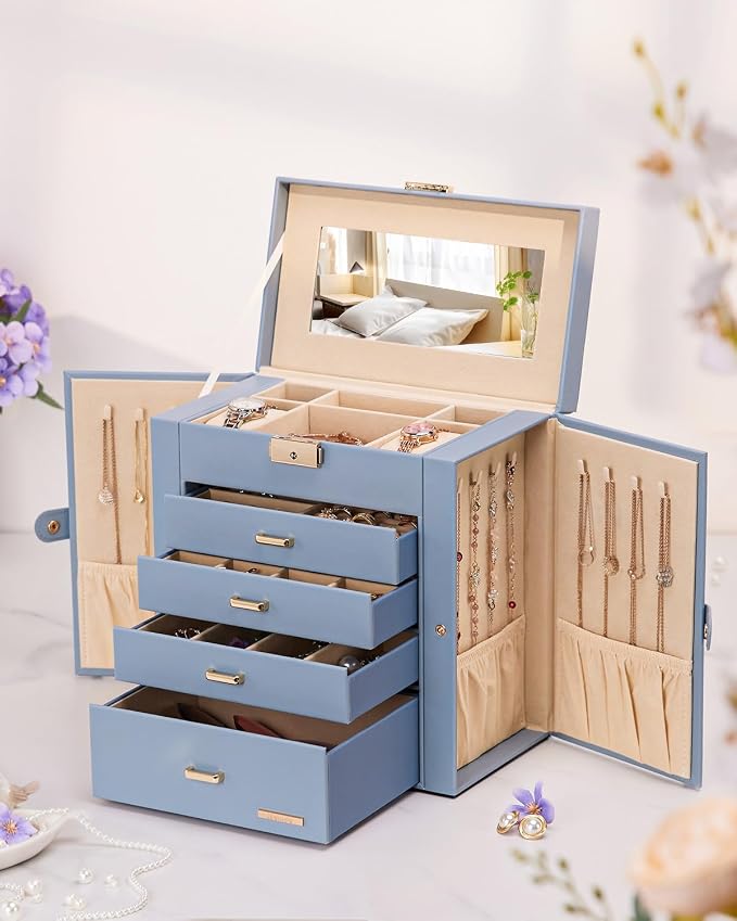 Homde Large Jewelry Box for Women: 5-Layer Organizer with Lock for Dresser | Separated Storage for Necklace Earring Ring Watch to Sort Daily Jewelry - Keep Vanities Tidy - Suitable for Birthday Gift