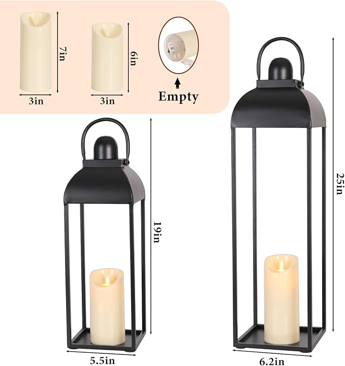 25'' 19'' Lanterns Decorative Outdoor Indoor, Black Metal Outdoor Lanterns | Set of 2 No Glass Modern Farmhouse Decorative Lantern with Candle and Remote Control for Fireplace, Patio, Porch, Floor