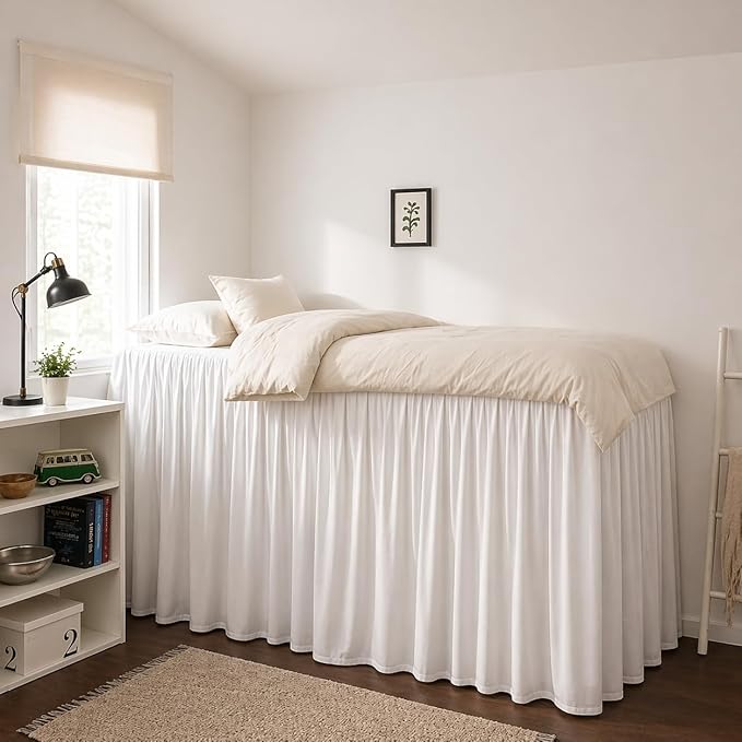 Krishna College Dorm Room Ruffle Bed Skirt with Split Corners, 100% Brushed Microfiber Ultrasoft, Breathable, Twin XL Bedding Extended 30 Inch Drop, White