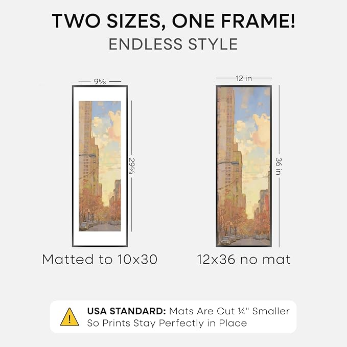 Homeforia 12x36 Black Picture Frame, High-End Metal, 10x30 Mat, Glass
