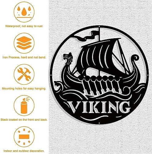 NBEADS Viking Boat Metal Wall Art Decor, Round Matte Black Wall Hanging Decor Silhouette Wall Art for Home Bedroom Living Room Bathroom Kitchen Office Hotel Wall Decoration, 11.8"(30cm)