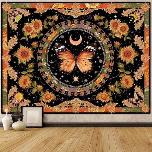 Accnicc Butterfly Floral Tapestry Vintage Indie Boho Flower Tapestries for Bedroom Aesthetic Retro Yellow Sunflower Moth Tapestry Wall Hanging for Dorm Living Room (80'' × 60'')
