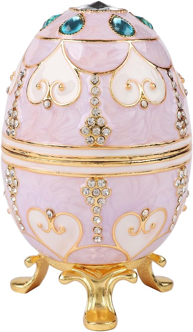 QIFU Hand Painted Pink Easter Egg Style Enamel Trinket Box Hinged, Unique Gift for Family