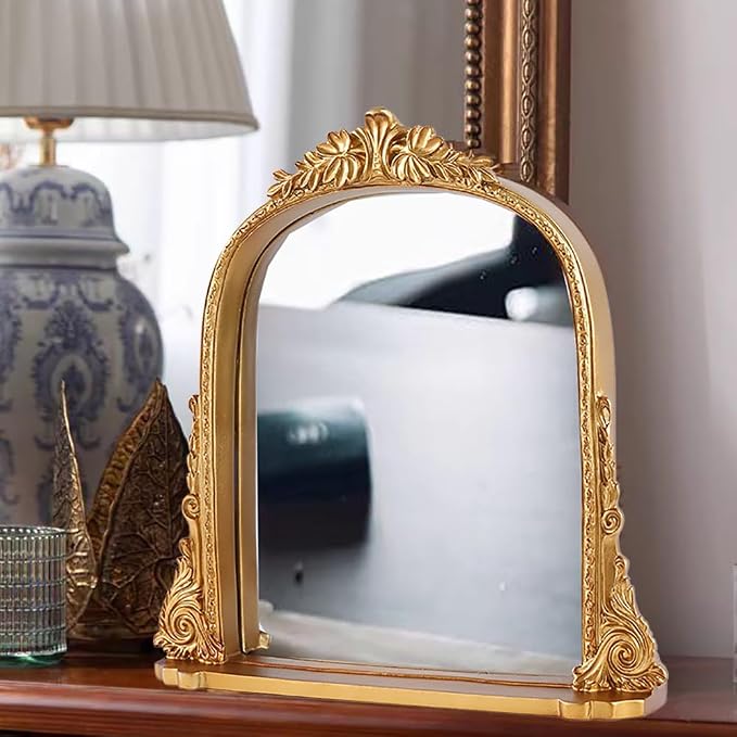 SIKOO 8x10 Inch Arched Vintage Mirror with Shelf, Decorative Wall Art for Home, Resin and Premium Glass, Bronze Gold