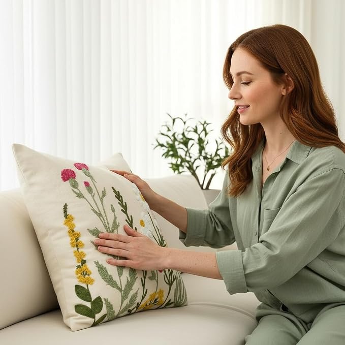 Embroidered Throw Pillow Covers 18x18 Pack of 2 Floral Decorative Pillow Covers Daisy Flowers Tufted Pillowcases Farmhouse Pillow Cushion Cases Square Pillow Case Summer Home Decor