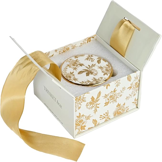 Sweet Water Decor Gold Delft Round Trinket Box, Jewelry Storage for Nightstand, Dresser, or Counter, Small Ring & Keepsake Storage, Elegant Gift for Wedding, Anniversary or Hostess