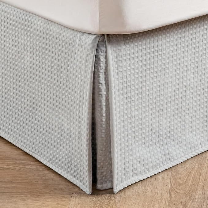 MIYE Pleated Waffle Weave Bed Skirt, Tailored Dust Ruffle 18 Inch Drop Easy Fit, Machine Washable (Light Grey, Queen - 18" Drop)