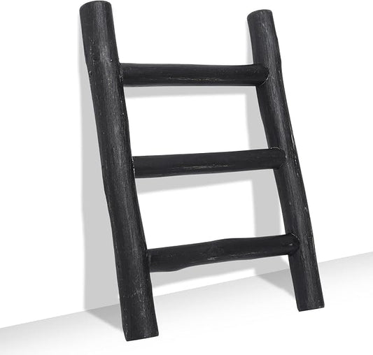 FUIN Tea Towel Ladder, Mini Rustic Solid Wood Decorative Ladder, Black | Farmhouse living room accent, Layered blanket towel quilt display, Visible wood grain, Bathroom and Bedroom use