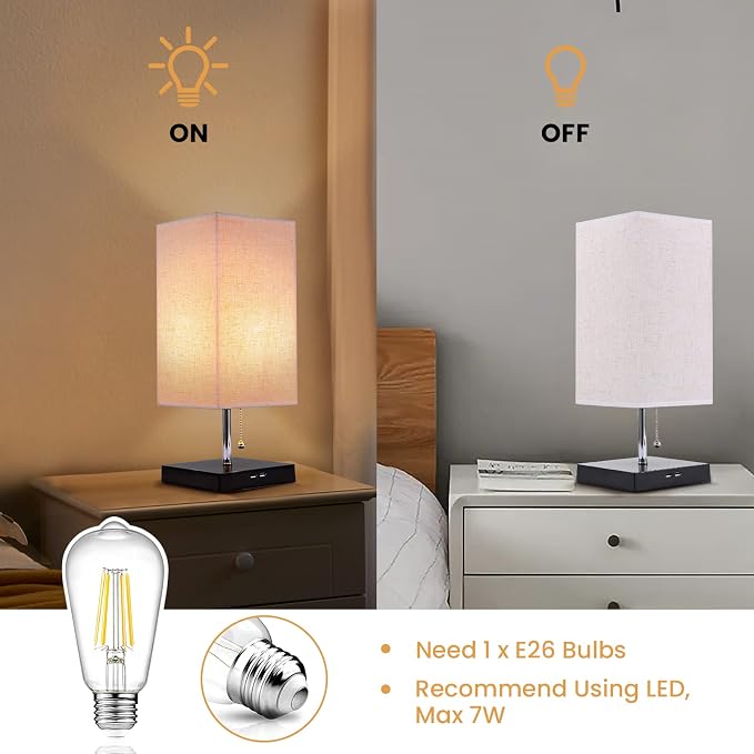 Siljoy Modern Table Lamp with 2 USB Charging Ports, Nightstand Bedside Desk Lamp with Beige Fabric Lampshade, Pull Chain Switch & Black Wooden Base, Ambient Light Beside Lamps for Bedroom, Living Room