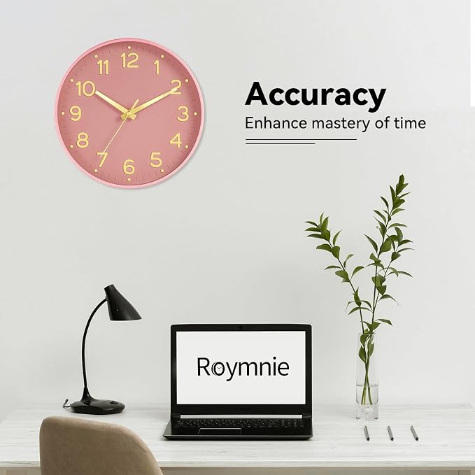Roymnie 10 Inch Wall Clock Battery Operated Silent Non Ticking Analog | Pink Gold modern analog; large 3D easy-read dial for kitchen, office, bathroom & bedroom; 1 AA battery (not included)