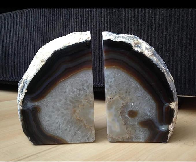 JIC Gem Natural Agate Geode Bookends Anti-Slip Rubber Bumpers 1 Pair 3-4Lbs | Natural Agate Crystal Shelf Decor, Weighted Stone Book Holders for Home & Office, Unique Gemstone Crystal Bookends Gift