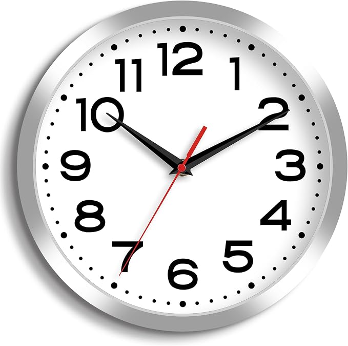 Roymnie 12 Inch Wall Clock, Battery Operated Silent Non Ticking Silver | analog wall clock; bold numerals for easy reading; silent non-ticking; 1 AA battery (not included); for classroom