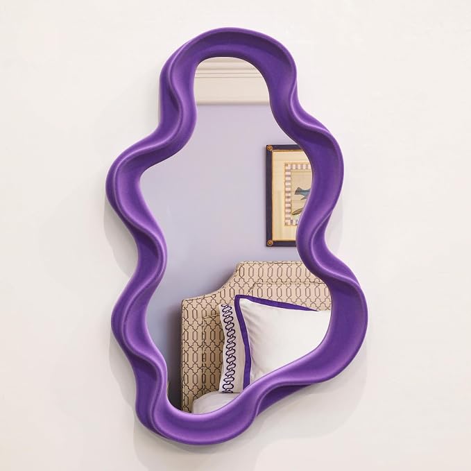 Purple Wavy Cloud Wall Mirror for Girly Bedroom Dorm Vanity Decor | 16x10",Soft Velvet-like Touch,Funky Decorative Mirrors for Modern Vintage Home Office Living Room Housewarming Birthday Gift