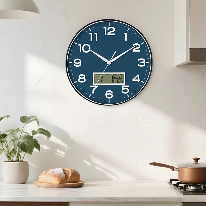 AKCISOT 12 Inch Wall Clock, Silent Battery Operated Analog Clock, Blue | LCD | Office | Kitchen | Living Room | Classroom | Easy-to-read Numbers