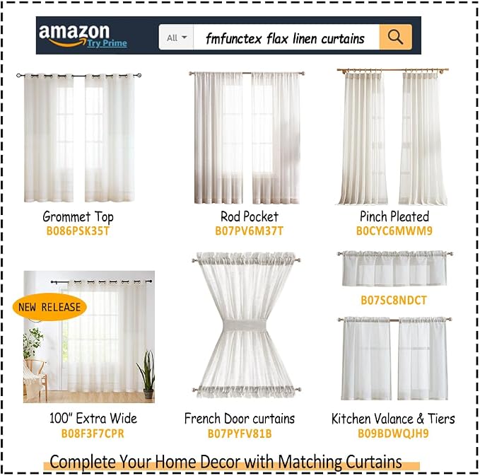 FMFUNCTEX Beige Linen Pinch Pleated Sheer Curtains, 108 Inches, 2 Panels | Natural Semi Sheer Drapes, Flax Linen, Rod Pocket, Light Filtering, Farmhouse French, Kitchen, Privacy, for Living Room