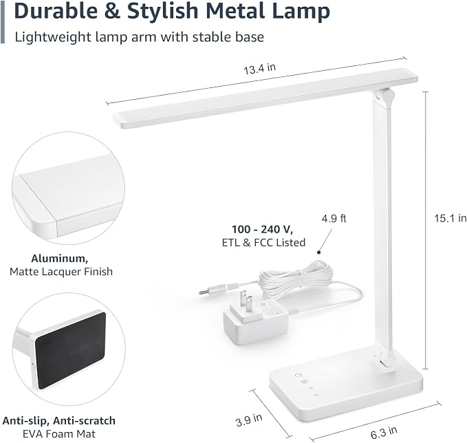 Lepro LED Desk Lamp with USB Charging Port for Dorm Room, 700LM 9.5W, White