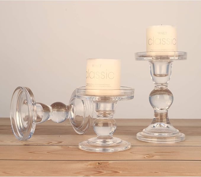 Lewondr Glass Candle Holders, Pillar Candle Holder, 3 Pcs, Crystal Clear